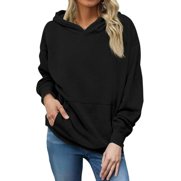 YDDIAN Sweatshirts for Women Oversized Long Sleeve Casual Fleece Hoodie Drawstring Fall Fashion Crew Neck Sweaters Plain Tops with Pockets Black M