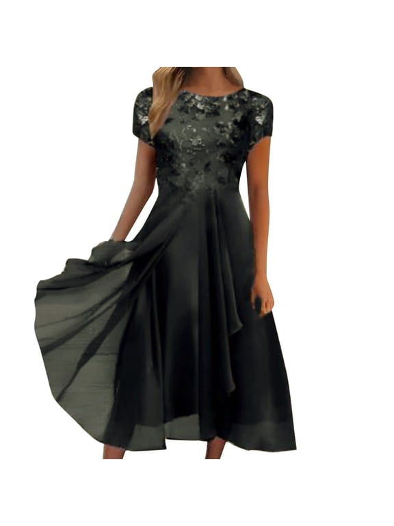 Tea Length Mother of The Bride Dress with Sleeve Lace Chiffon Formal Evening Party Gowns for Women Black XXL