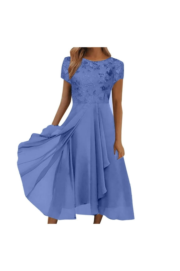Tea Length Mother of The Bride Dress with Sleeve Lace Chiffon Formal Evening Party Gowns for Women Blue 3XL