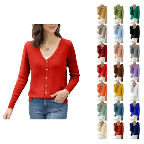 YDDIAN V Neck Cardigan for Women Y2k Button Loose Fit Knit Sweaters Long Sleeve Winter Casual Dressy Cardigan Red M