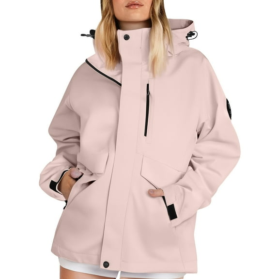 YDDIAN Waterproof Jacket Women Plus Size Casual Lined Zip Up Rain Coats with Hood Summer Y2k Rainjackets with Pockets Pink M