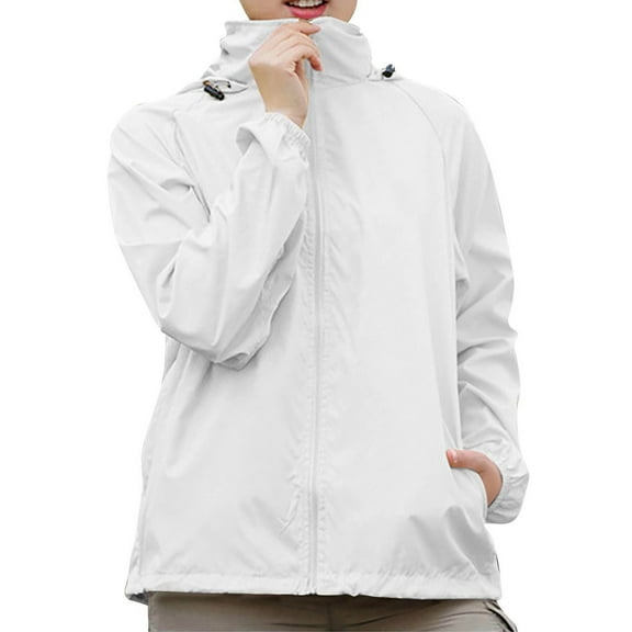YDDIAN Waterproof Jackets for Women Lightweight Plain Hooded Plus Size Packable Raincoats Zipper Long Sleeve Summer Travel Dressy Windbreaker with Pockets White XXL
