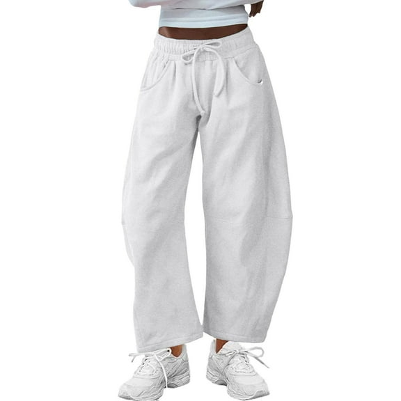 YDDIAN Wide Leg Sweat Pants for Women Plus Size Elastic Waist Casual Barrel Leg Pant Drawstring Winter Dressy Y2k Joggers with Pockets White XXL