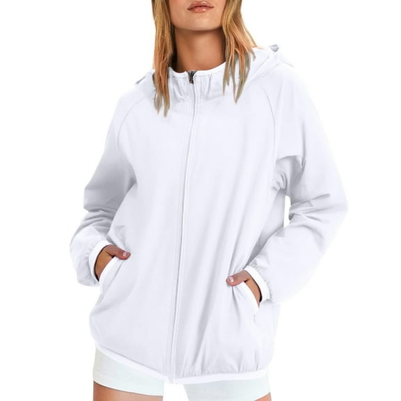 YDDIAN Windbreaker Jacket Women Plus Size Long Sleeve Casual Packable Raincoats Full Zip with Hood Summer Plain Dressy Waterproof Trench Coat with Pockets White XL