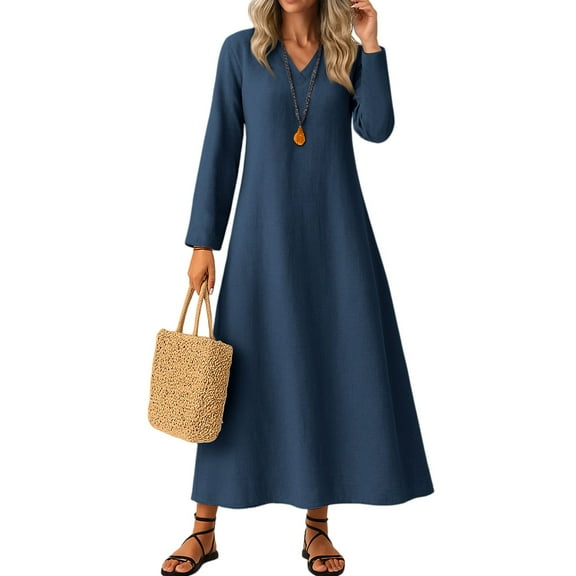 YDDIAN Winter Dresses for Women 2025 Plus Size V Neck Lightweight Midi Dress Long Sleeve Summer Beach Modest Maxi Dresses with Pockets Navy XXL