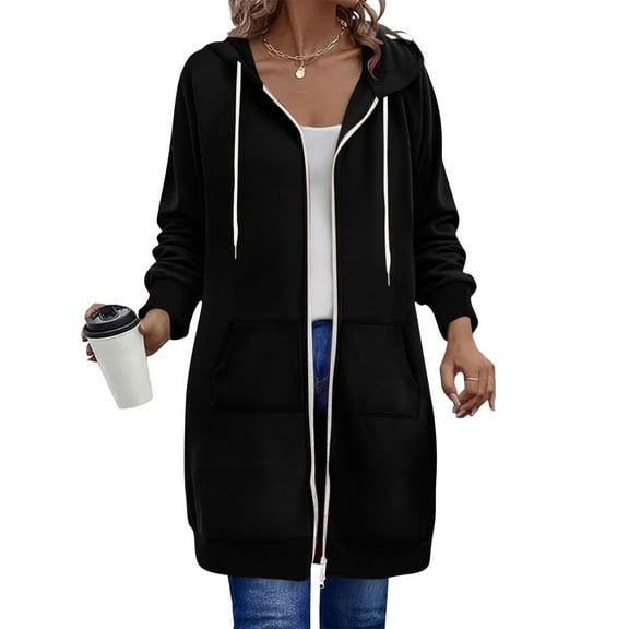 YDDIAN Women Casual Zip Up Polyester Hoodies,Long Zip Up Fleece Hoodie Women,Long Sleeve Sweater Dress with Pockets Black XL