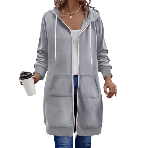YDDIAN Women Casual Zip Up Polyester Hoodies,Long Zip Up Fleece Hoodie Women,Long Sleeve Sweater Dress with Pockets Light Gray M