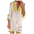 thumbnail image 1 of YDDIAN Women Floral Lace Trim Tassel V-Neck Mini Dress Summer Boho Cold Shoulder 3/4 Sleeve Fringe Hem Swing Flowy Dresses Beige 3XL, 1 of 5