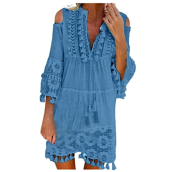 YDDIAN Women Floral Lace Trim Tassel V-Neck Mini Dress Summer Boho Cold Shoulder 3/4 Sleeve Fringe Hem Swing Flowy Dresses Blue M