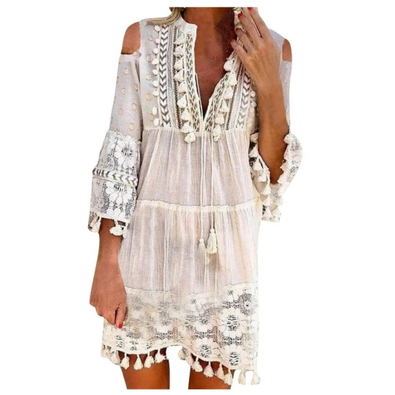 YDDIAN Women Floral Lace Trim Tassel V-Neck Mini Dress Summer Boho Cold Shoulder 3/4 Sleeve Fringe Hem Swing Flowy Dresses White L