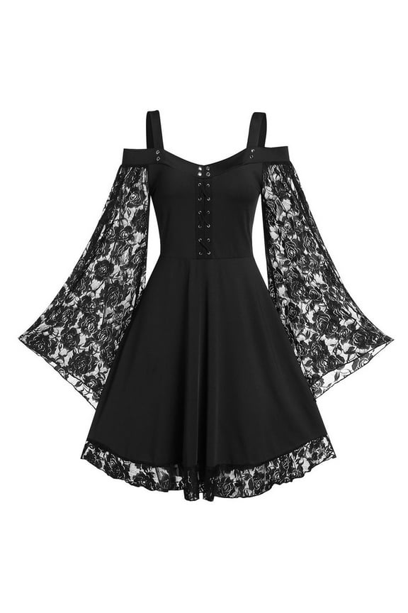 Women Lace Goth Dress Plus Size Gothic Bandage Dress Flare Sleeve Spaghetti Strap Witch Vantage Goth Dresses Black XXL