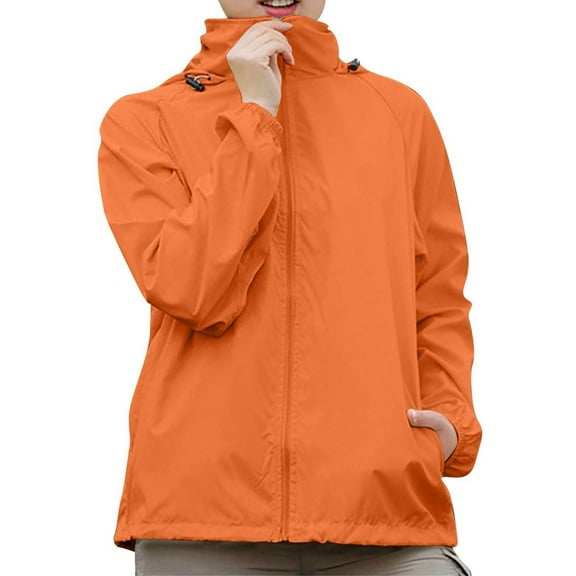 YDDIAN Women Rain Coats with Hood Waterproof Lightweight Zip Plus Size Jackets Long Sleeve Summer Travel Outdoor Packable Windbreaker with Pockets Saffron M