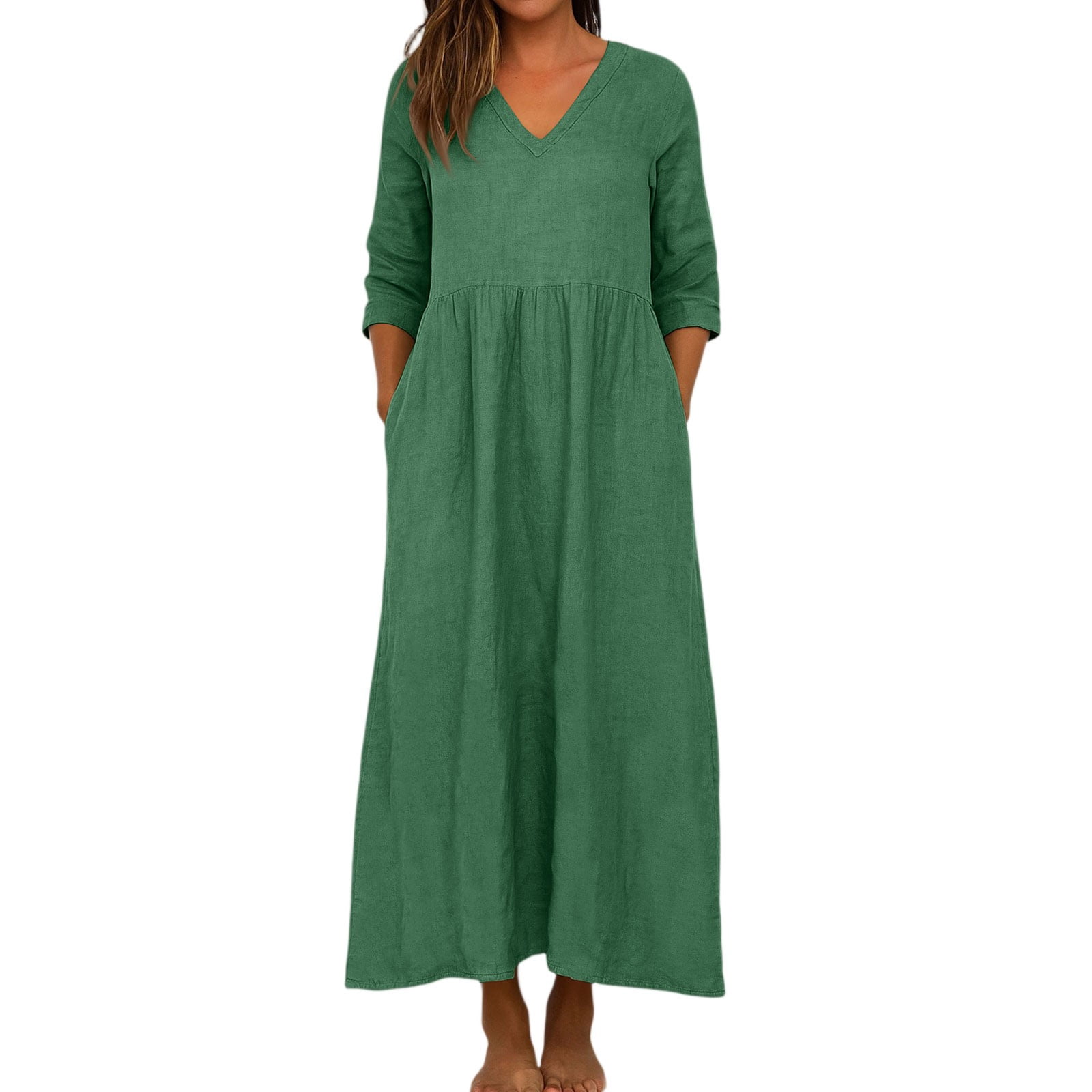 YDDIAN Women's 3/4 Sleeve Summer Dress With Pockets Solid Color Plus Size Midi Dress V Neck Casual Basic Maxi Dresses Dark Green S