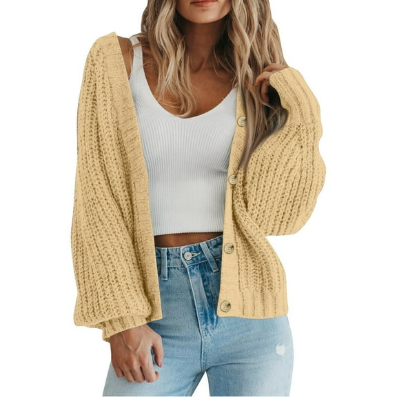 YDDIAN Women's Cardigan Sweater 100% Cotton Button-Down Long Sleeve Oversized Knit Cardigans Beige L