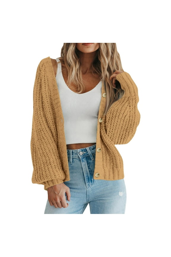Women's Cardigan Sweater 100% Cotton Button-Down Long Sleeve Oversized Knit Cardigans Khaki L