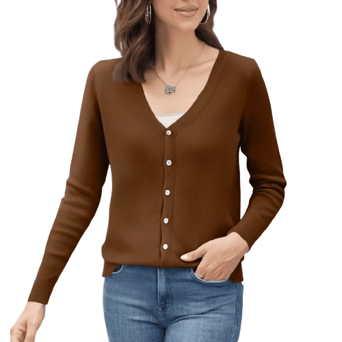 YDDIAN Women's Classic Long Sleeve Knit Cardigan Sweaters Baggy Dressy Cardigan Vneck Henley Fall Cute Casual Sweaters Coffee L