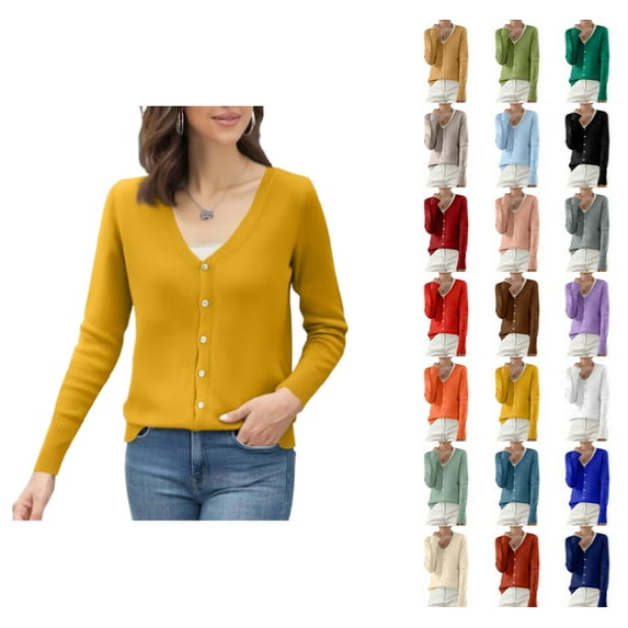 YDDIAN Women's Classic Long Sleeve Knit Cardigan Sweaters Lightweight Button Down Y2k Cardigan Vneck Summer Basic Cute Sweaters Ginger XL