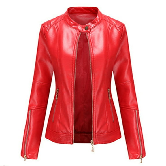 YDDIAN Women's Genuine Leather Jacket, Classic Button Leather Blazer Casual Coat Long Sleeves Suit Style Leather Jacket Red XL