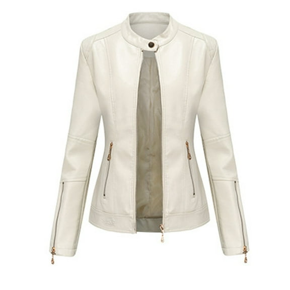 YDDIAN Women's Genuine Leather Jacket, Classic Button Leather Blazer Casual Coat Long Sleeves Suit Style Leather Jacket White XL