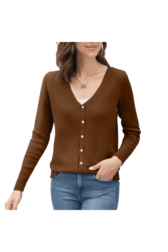 Women's Lightweight V-Neck Cardigan Plain Button Up Dressy Knit Sweaters Long Sleeve Spring Cute Fashion Cardigan Coffee XXL