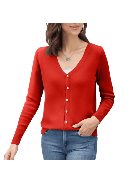 Women's Long Sleeve V-Neck Button Down Cardigan Baggy Casual Knit Sweaters Spring Dressy Fashion Cardigan Red L