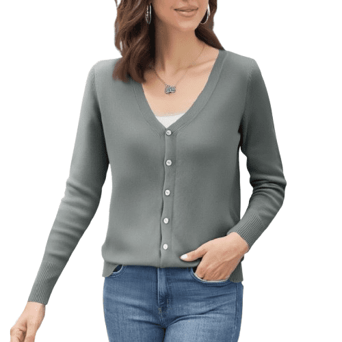 YDDIAN Women's Long Sleeve V-Neck Button Down Cardigan Plain Dressy Knit Sweaters Fall Cute Casual Cardigan Gray XL