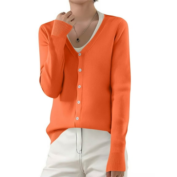 YDDIAN Women’s Solid V Neck Button Down Long Sleeve Lightweight Basic Supima Cotton Soft Knit Vee Cardigan Sweaters Orange S