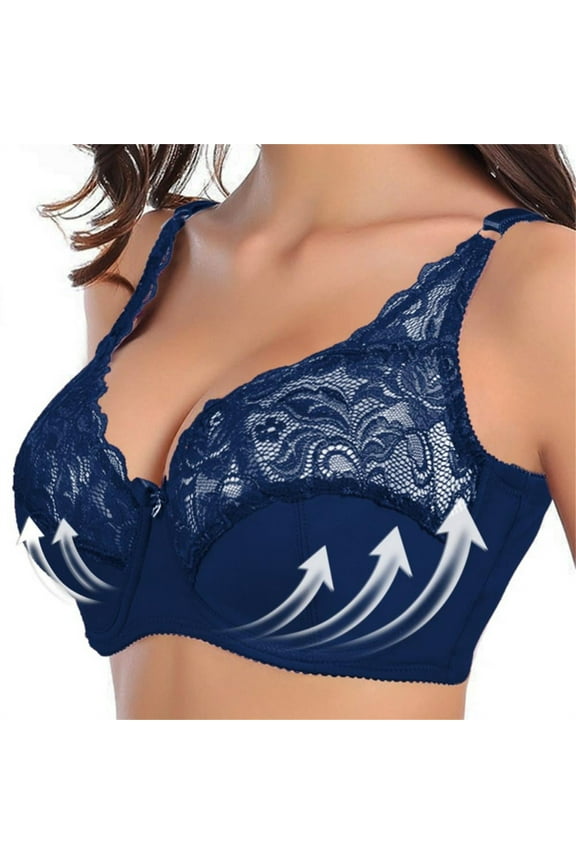 Women's Lace Bra Plus Size Full Coverage Underwire Ultrathin Non-Padded Everyday Bras Blue 44D