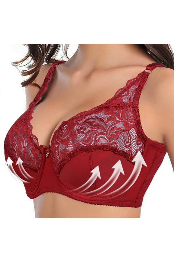 Women's Lace Bra Plus Size Full Coverage Underwire Ultrathin Non-Padded Everyday Bras Wine 36D