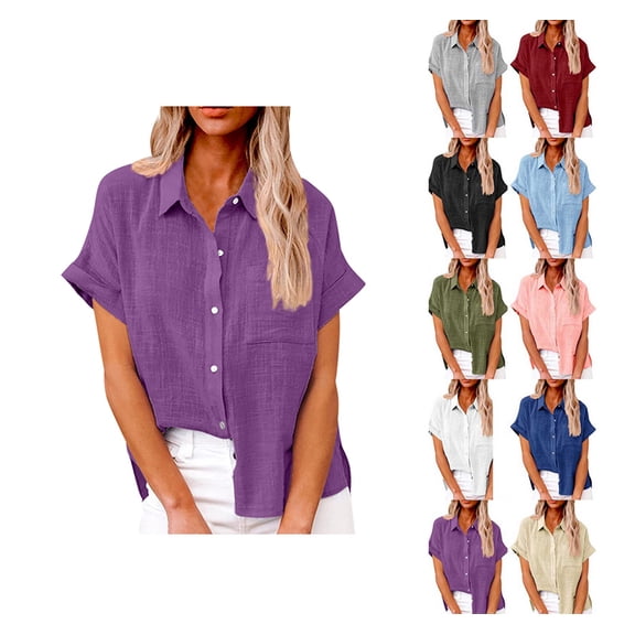YDDIAN Womens Business Casual Clothing Lightweight V Neck Fashion Collared Shirts Button Down Short Sleeve Summer Y2k Work Blouses Purple 4XL
