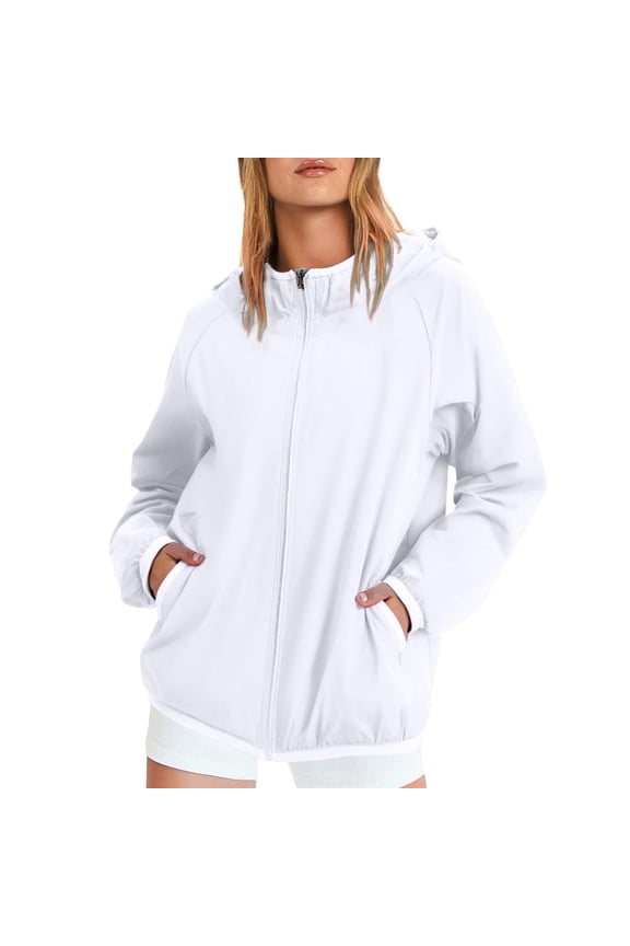 Womens Coats Zipper Up Jackets Plus Size Long Sleeve Casual Packable Jackets Hooded Winter Outdoor Fashion Waterproof Windbreaker with Pockets White M