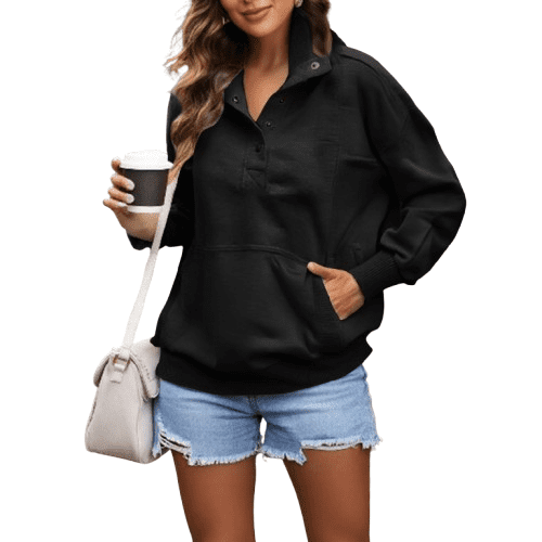 YDDIAN Womens Fall Tops Plus Size V Neck Loose Fit Pullover Sweatshirt Henley Long Sleeve Winter Workout Basic Tops with Pockets Black XXL