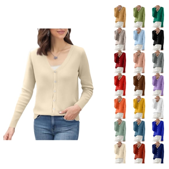 YDDIAN Womens Lightweight Cardigan Loose Fit Long Sleeve Dressy Knit Sweaters Vneck Henley Summer Basic Casual Cardigan Beige M
