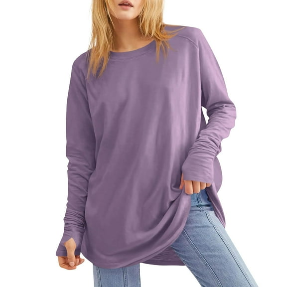 YDDIAN Womens Long Sleeve Tops Casual Oversized Loose Fit Shirts Crew Neck Winter Basic Tunic Tops with Thumb Holes Light Purple XXL