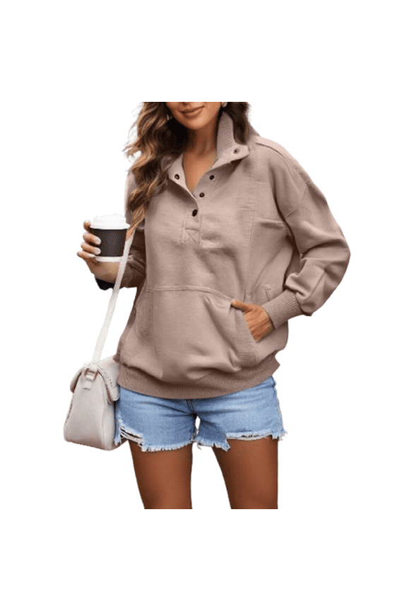 Womens Long Sleeve Tops Plain Henley Plus Size Pullover Sweatshirt Vneck Fall Dressy Workout Tops with Pockets Complexion S