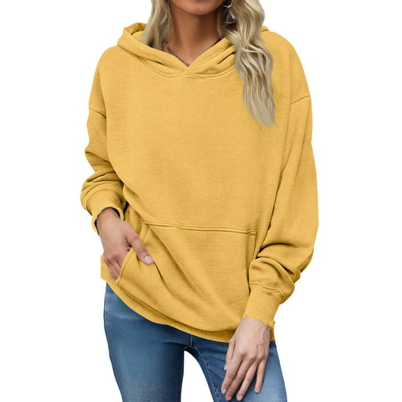 YDDIAN Womens Oversized Sweater Drawstring Trendy Fleece Hoodies Crew Neck Summer Y2k Long Sleeve Pullover Plain Tops with Pockets Yellow M