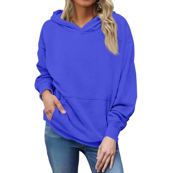 YDDIAN Womens Oversized Sweatshirt Lightweight Drawstring Plain Hoodies Long Sleeve Winter Dressy Crew Neck Tops Fleece Sweaters with Pockets Blue M