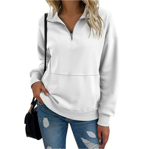 YDDIAN Womens Quarter Zip Pullover Sweatshirts Y2k Vintage Fleece Pullover Hoodies Fall Casual Long Sleeve Sweatshirt No Hood White XL