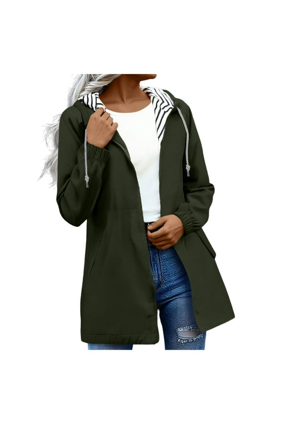 Womens Rain Coat Trendy Zipper Plus Size Drawstring Rain Jackets Hooded Summer Cute Waterproof Hoodies with Pockets Army Green S