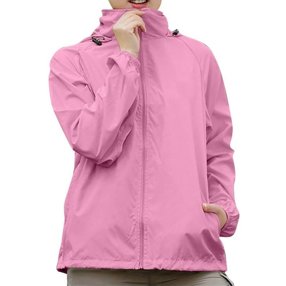 YDDIAN Womens Rain Jacket with Hood Waterproof Windbreaker Plain Zip Plus Size Packable Raincoats Long Sleeve Summer Outdoor Travel Windbreaker with Pockets Pink M