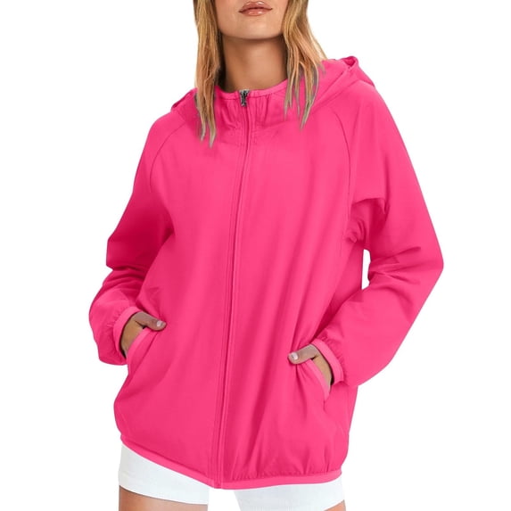 YDDIAN Womens Rain Jackets Waterproof with Hood Trendy Zipper Plus Size Packable Coats Long Sleeve Fall Plain Travel Trench Coat with Pockets Hot Pink M