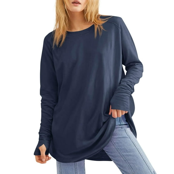YDDIAN Womens Tops Casual Lightweight Long Sleeve Plus Size Tunic Shirts Crewneck Winter Basic Loose Fit Sweaters with Thumb Holes Navy XL