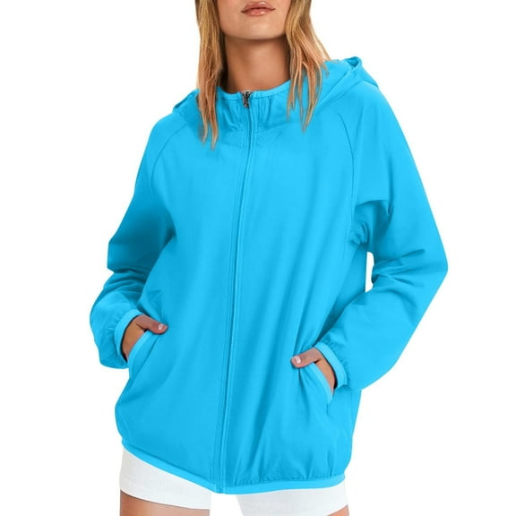 YDDIAN Womens Trench Coat Waterproof Plus Size Zipper Trendy Jackets with Hood Long Sleeve Fall Outdoor Y2k Packable Windbreaker with Pockets Sky Blue L
