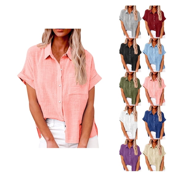YDDIAN Womens Trendy Tops Dressy Button Down Plain Collared Shirt V Neck Short Sleeve Fall Cute Fashion Blouses Pink 5XL