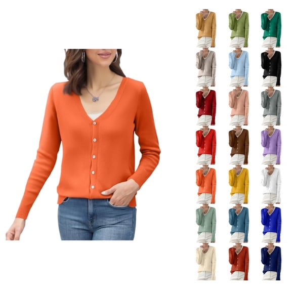 YDDIAN Womens V Neck Cardigan Sweaters Basic Button Down Plain Knit Cardigan Long Sleeve Summer Dressy Cute Sweaters Orange L