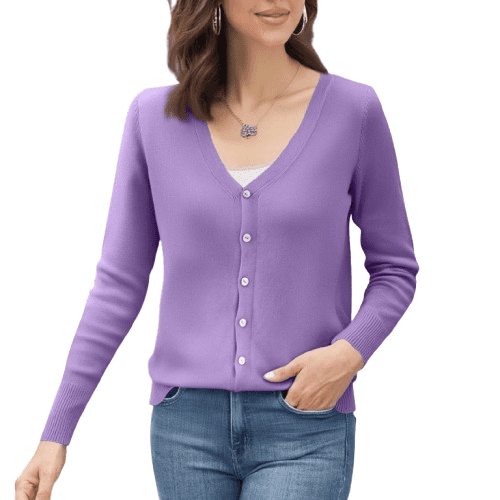 YDDIAN Womens V Neck Cardigan Sweaters Fashion Button Up Loose Fit Knit Cardigan Long Sleeve Summer Basic Cute Sweaters Purple M