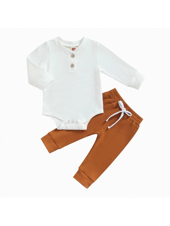 Baby Boy Outfits Comfortable Set Simple Long Sleeve Bodysuit Pants Casual Two Piece Set,Brown,12-18 Months
