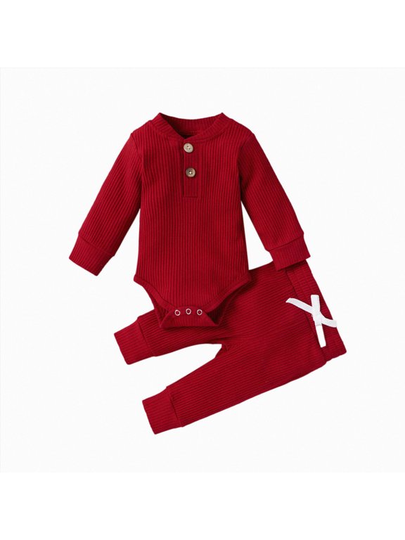 Baby Boy's Clothing Simple Solid Color Long Sleeve Bodysuit Pants Casual Two Piece Set,Red,9-12 Months
