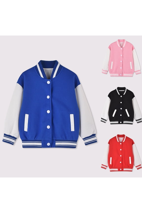 Kids Varsity Jacket Girls Boys Baseball Jacket Bomber Coat School Uniform with Pocket for 5-6 Years,Pink