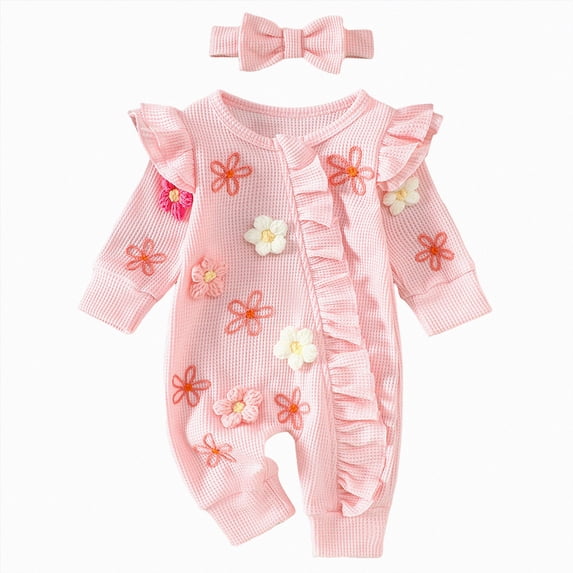 YDFCWX New Born Baby Girl Outfits Newborn Baby Girl Fall Winter Outfits Clothes Knit Jumpsuit Ruffle Romper Newborn Outfit for Baby Girl,Pink,6-12 Months